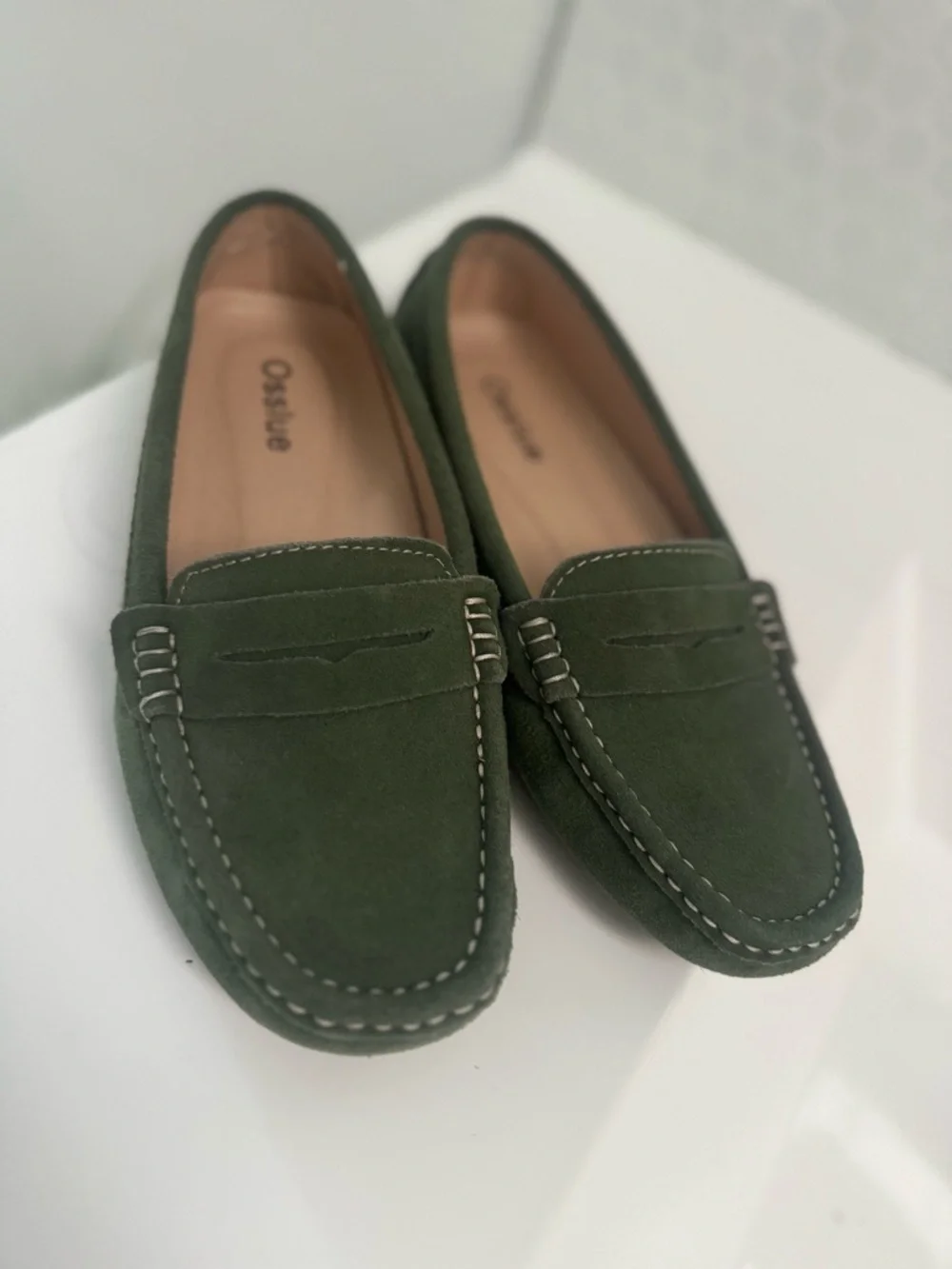 Womens Olive Suede Penny Loafers - Slip-On Comfort